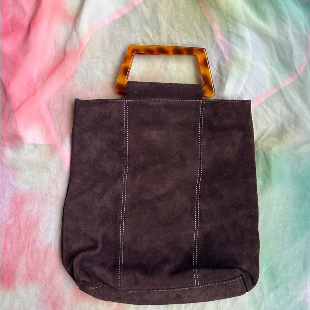Vintage Y2K Old Navy 100% Leather Tote Handbag Tortoise Print Handles Boho Chic